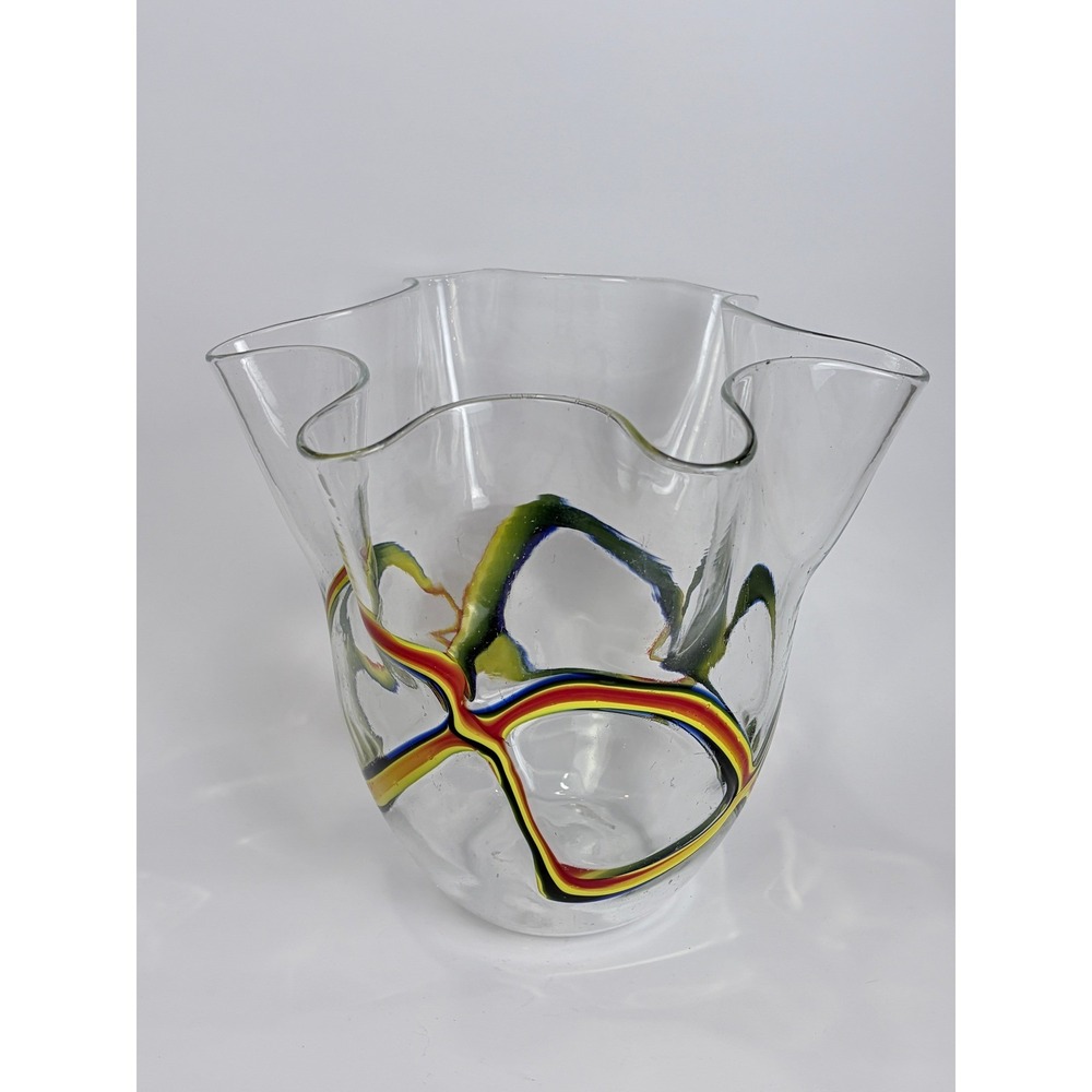 Vintage Art Glass Handkerchief Ruffle Vase Multicolor Ribbon Cane Work Clear MCM